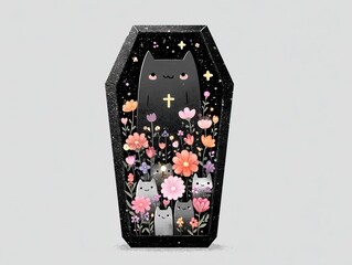 Black coffin with cross cartoon vector illustration, flat design cute sticker art in pastel colors with white border