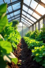 Sunlight Drenched Greenhouse Lush Green Plants Thriving in a Modern Sustainable Garden
