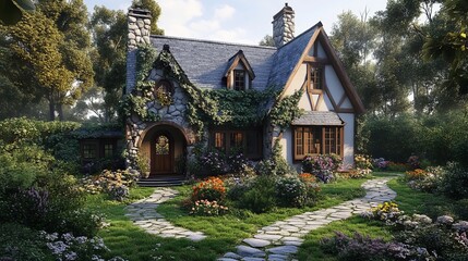 Fototapeta premium Enchanting storybook cottage nestled amongst lush greenery and vibrant blooming flowers, inviting a sense of whimsical escape and serene living.