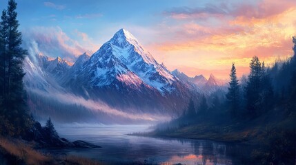 Obraz premium Majestic snow-capped mountain peak bathed in warm golden hour light reflects on serene lake, surrounded by misty forests and vibrant sky