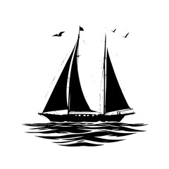 Silhouette sailboat sailing on ocean with birds black and white vector art