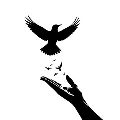 Bird flying from hand silhouette vector illustration freedom concept art