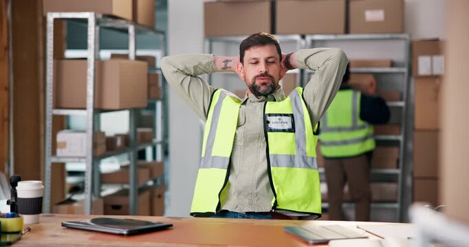 Man, laptop and relax for logistics, delivery and ecommerce startup with distribution sale. Entrepreneur, satisfied and done for dropshipping profit, subscription service and small business funding