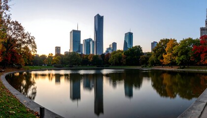 Autumn park reflecting city skyline