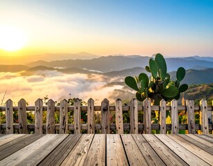 Sunrise mountain vista from a wooden deck