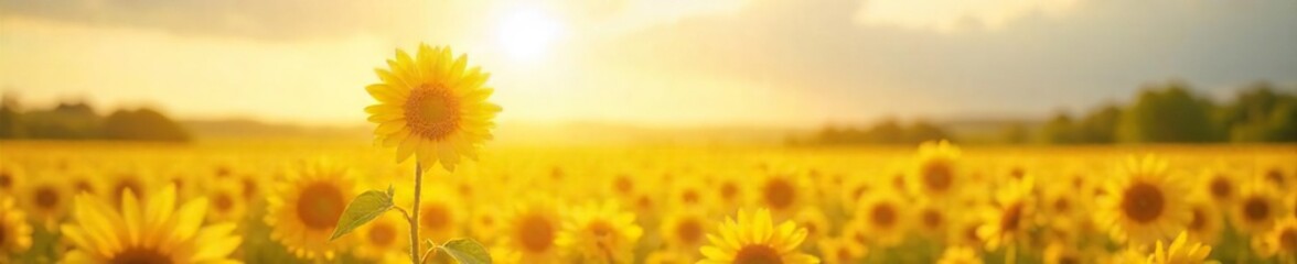 Sunflower in Golden Wheat Field, Summer Afternoon Sunlight, Vibrant Yellow, Idyllic Rural Scene