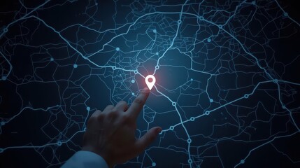 A finger touching a location pin on a digital map with glowing lines and connection points on a dark background