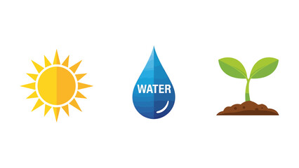 Essential elements for plant growth sun water and sprout flat vector icons for environmental and agricultural concepts isolated on white