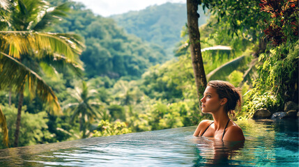 Fototapeta premium young woman relaxing in a tropical resort young woman relaxing in a tropical forest woman swimming in infinity pool