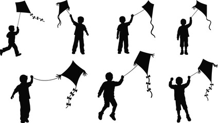 Children silhouette flying kites, outdoor activity, happy kids playing in the wind, childhood fun, freedom, summer recreation, joyful motion concept