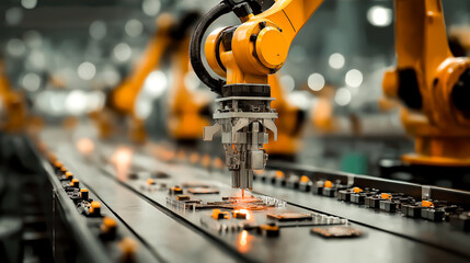 robotic arm assembling electronics in a factory