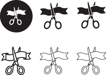 Black ribbon cutting scissors icons in varying styles on transparent background silhouette