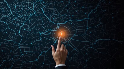 Hand interacting with digital map interface highlighting a location with glowing marker and network lines