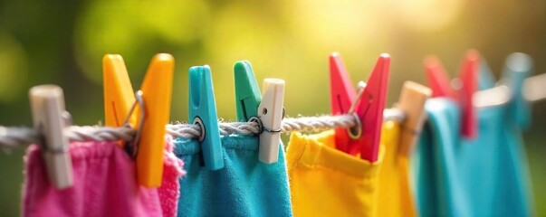 Sunny Clothesline with Colorful Clothespins and Laundry Spring Cleaning and Household Organization