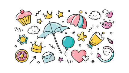 Cute Kawaii Doodle Elements with Cupcake, Umbrella, Balloon, and Hearts on White Background