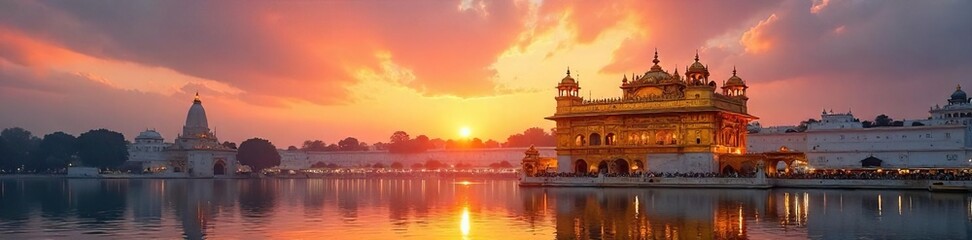 Golden Ganesh Temple Sunrise Shimmering Gold and Vibrant Sky, Peaceful Atmosphere, Perfect for Travel, Spirituality, and Religious Designs