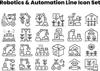 Editable black and white line vector icons with underwater drones, exploration robots, and marine automation systems