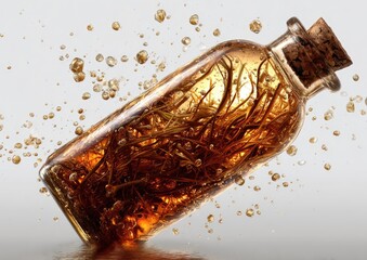 Amber elixir in a glass bottle, with bursts of liquid