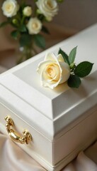 Serene White Rose on Closed Casket A Peaceful Funeral or Remembrance Image.  Soft Neutral Fabrics Surround the Casket, Creating a Mood of Tranquility and Sympathy for Grief-Related Content.
