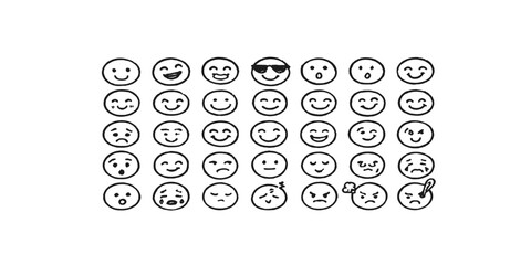 Print  Cute doodle face expressions, hand drawn smiley and emoji sketch vector icons