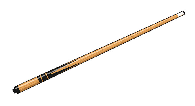A single pool cue stick with a wooden shaft and black and gold accents at the butt.