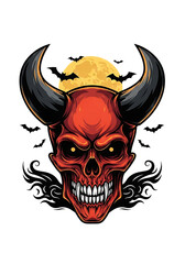 Terrifying red devil skull with horns and bats flying around isolated on transparent background for halloween celebration and horror themes