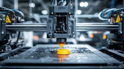 Close-up of a 3D printer extruder laying down orange filament on the print bed. - Powered by Adobe