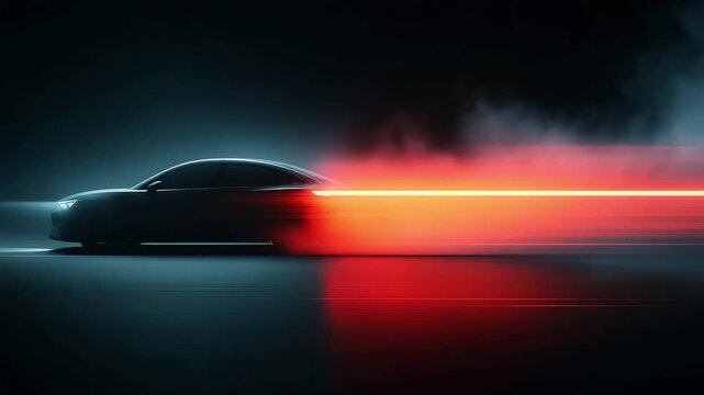 Sleek black car speeding through neon-lit urban landscape with dynamic light trails