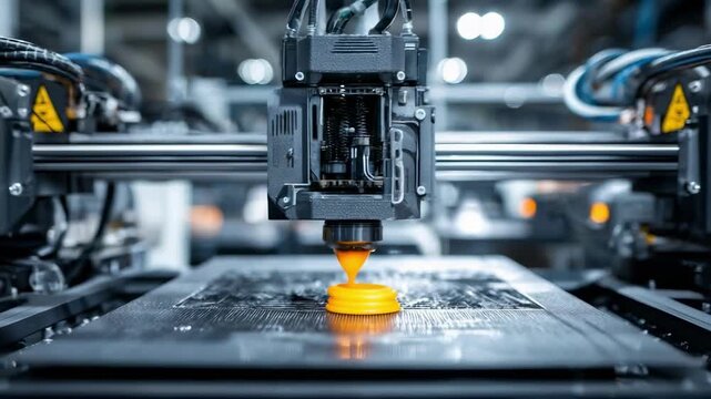 Close-up of a 3D printer extruder laying down orange filament on the print bed.