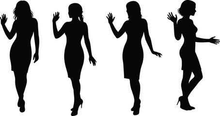 Elegant woman silhouette waving hand, stylish female figure in dress and heels, graceful standing poses, fashion illustration concept design