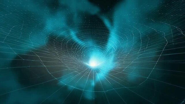 A blue space-time wormhole portal with a glowing center and concentric grid lines.