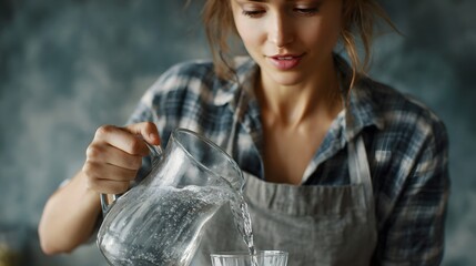 Woman pours fresh water from a glass pitcher into a drinking glass