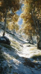 Season's embrace: when autumn and winter converge. Everyday scene. Rustic autumn woods blanketed by snow's first touch. Raw beauty. Real feeling.