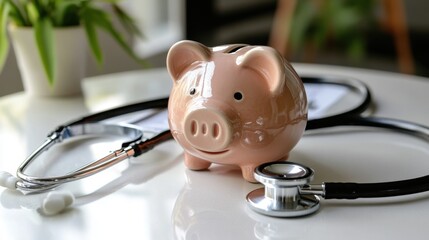 Piggy bank with stethoscope on table: symbol of healthcare savings and financial planning