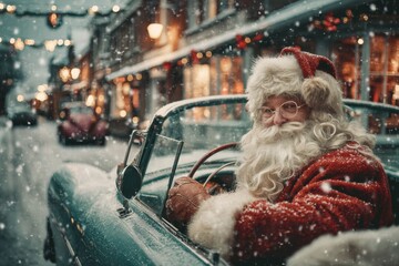 Santa in Vintage Car on the Road — 1950s Christmas Journey