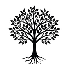 Fototapeta premium A detailed vector tree silhouette with roots, branches, and leaves symbolizes nature, growth, and the changing season