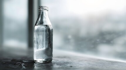 A clear glass bottle filled with pure water rests on a surface bathed in soft natural light from a window evoking freshness and hyd n