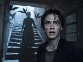 a young man frozen in fear with terrified expression. Behind him, stands a spectral figure of an elderly woman, with faint shadows