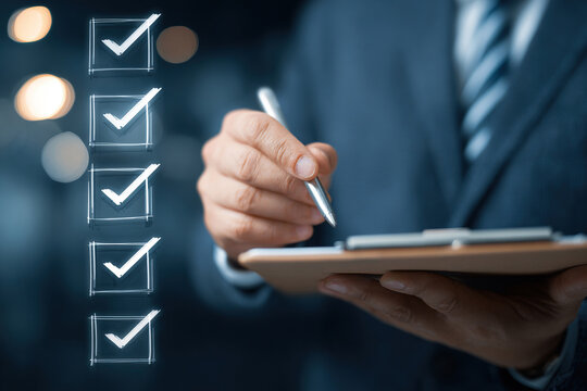 Business performance monitoring and evaluation concept. Businessperson survey using a tablet and pen. Questionnaire with checkboxes. Digital electronic task list.