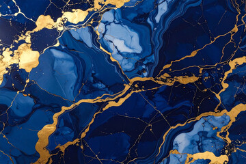 A stunning, luxurious abstract fluid art image with deep swirling navy and cobalt blues and dramatic veins and splatters of metallic gold.