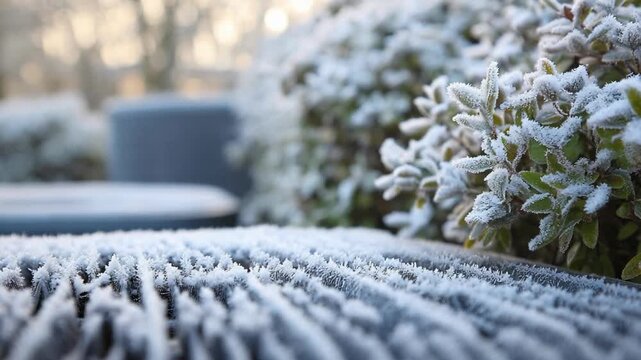 Frost covers a deck railing and icy shrub leaves in a calm winter morning scene.