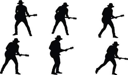 Male guitarist silhouette playing electric guitar on stage, rock musician performing concert art, music performance vector, rock star illustration