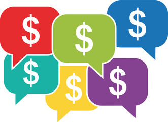 Colorful speech bubbles with dollar signs isolated on white background, representing finance and money matters