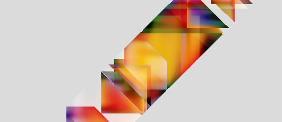 Abstract geometric composition. Bright colors blend, creating dynamic diagonal shape against gray background. Modern design element.