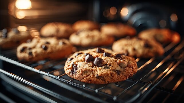 Warm, gooey chocolate chip cookies baking to perfection on a wire rack inside a glowing oven, evoking comfort and deliciousness.