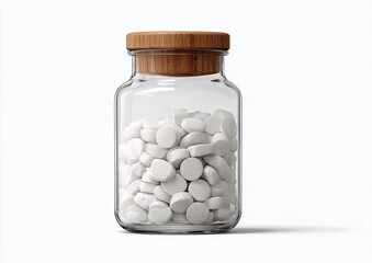 Clear glass jar with wooden lid, filled with white round pills