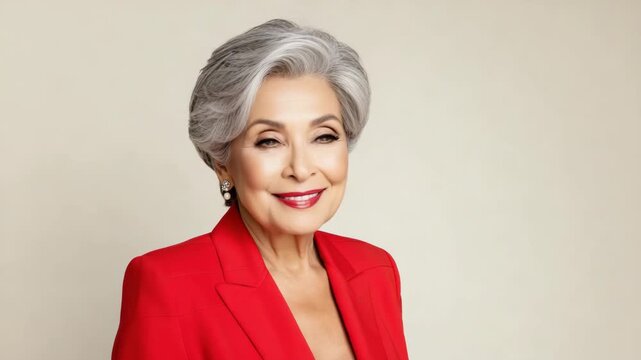 Elegant mature woman with red lipstick in red jacket smiling on beige background