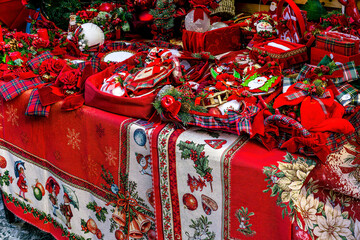 red Christmas market fair outdoor with holiday goods and gifts for celebration Christmas and New Year