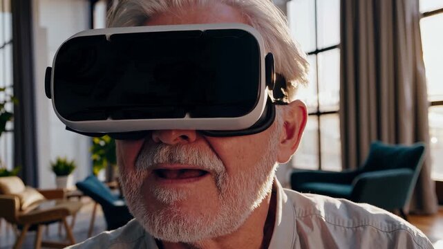Elderly man uses VR headset indoors. Senior explores virtual world. Modern innovation brings digital experience. Wearable technology for senior. Virtual headset blends reality and innovation. - Powered by Adobe