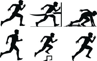 Running athlete silhouette collection, sprinter crossing finish line, starting block sprint, sports action vector illustration, fitness competition concept design